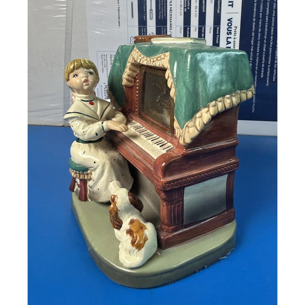 Vintage Toyo Music Box Charming Girl with Piano and Dog Figurine.